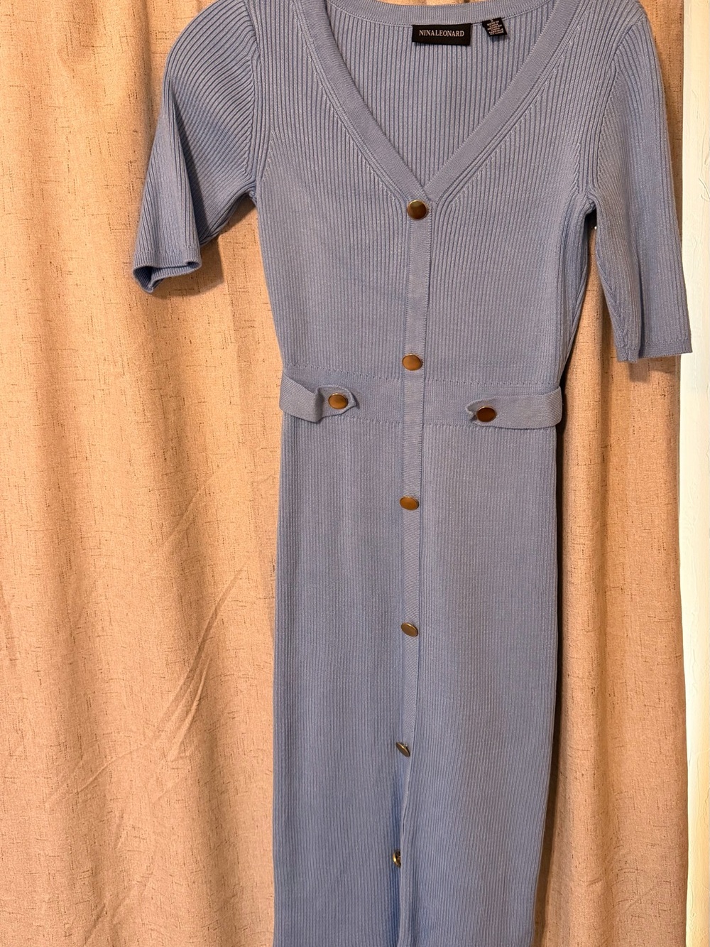 Nina Leonard Light Blue Ribbed Button-Front Midi Dress